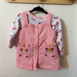 Pink Unicorn Pocket Corduroy Jumper with Floral Long Sleeve Top
